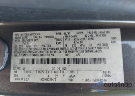 2020 Ford Escape Se из США, поврежденный, VIN 1FMCU0G60LUB65874